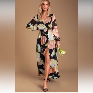 Lulu's Black Floral Long Sleeve Dress